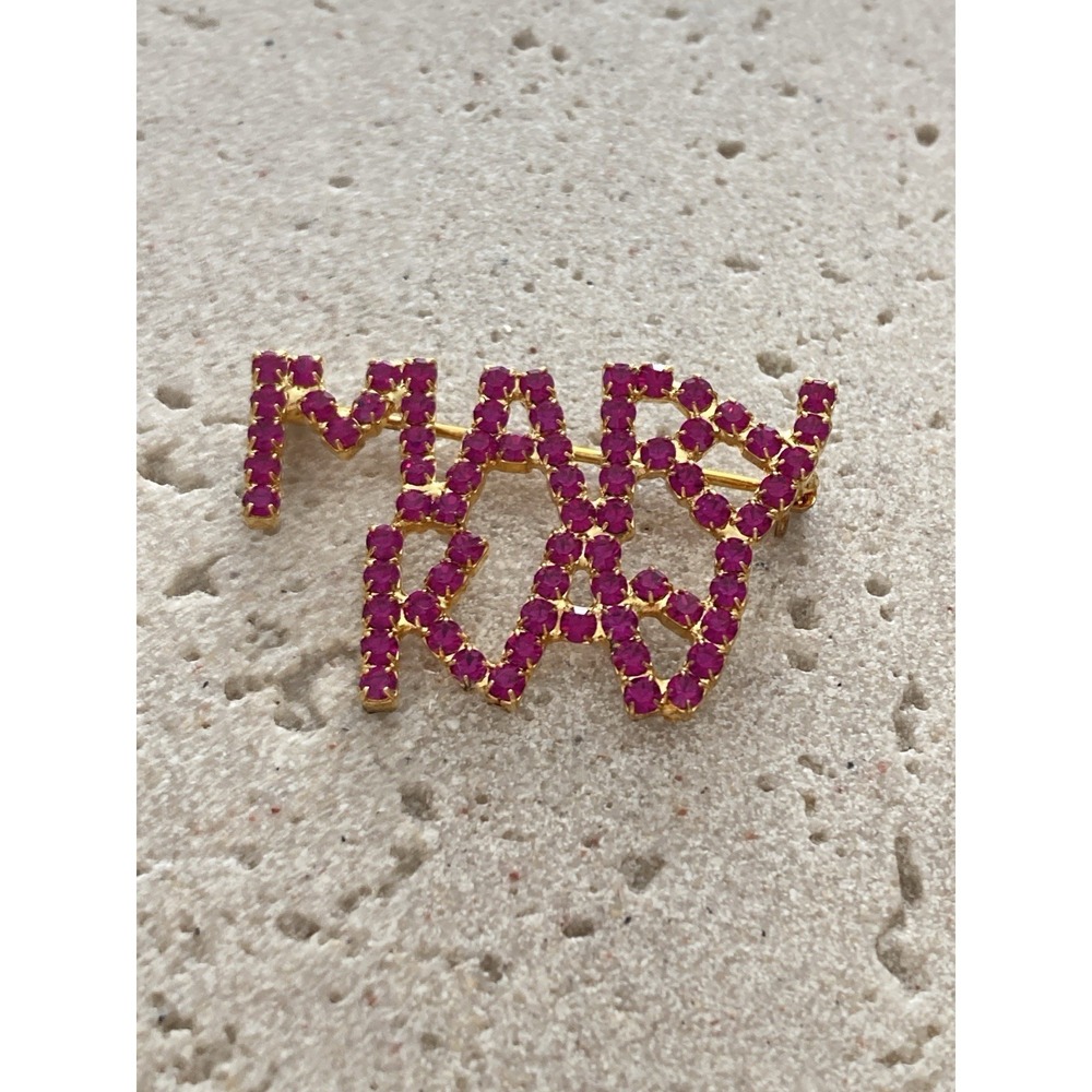 Mary Kay Brooch Pin Pink Rhinestone Gold Tone Name Logo Sales Rep Merch